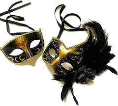 Couples Black Gold Masquerade Ball Mask Pair Feather Mardi Gras Party Valentines Gift for Her