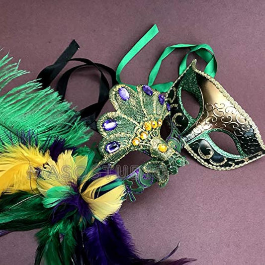 Mardi Gras Masquerade Lace Mask Pair Ostrich Peacock Feather Dress up Party Carnival Parade (Mardi Gras)