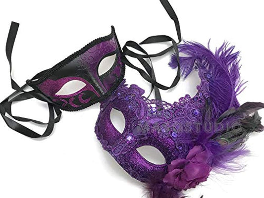 Couples Purple Masquerade Lace Mask Pair Feather Birthday Mardi Gras Carnival Party