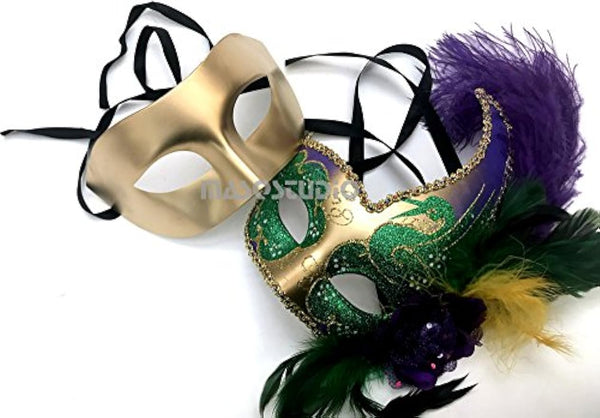 Couples Gold Accent Masquerade Ball Mask with Feather Mardi Gras Prom Dance Quincenera Birthday Party