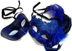 Blue Lace Masquerade Ball Feather Mask Pair New Year Eve Party Birthday Dress up Prom