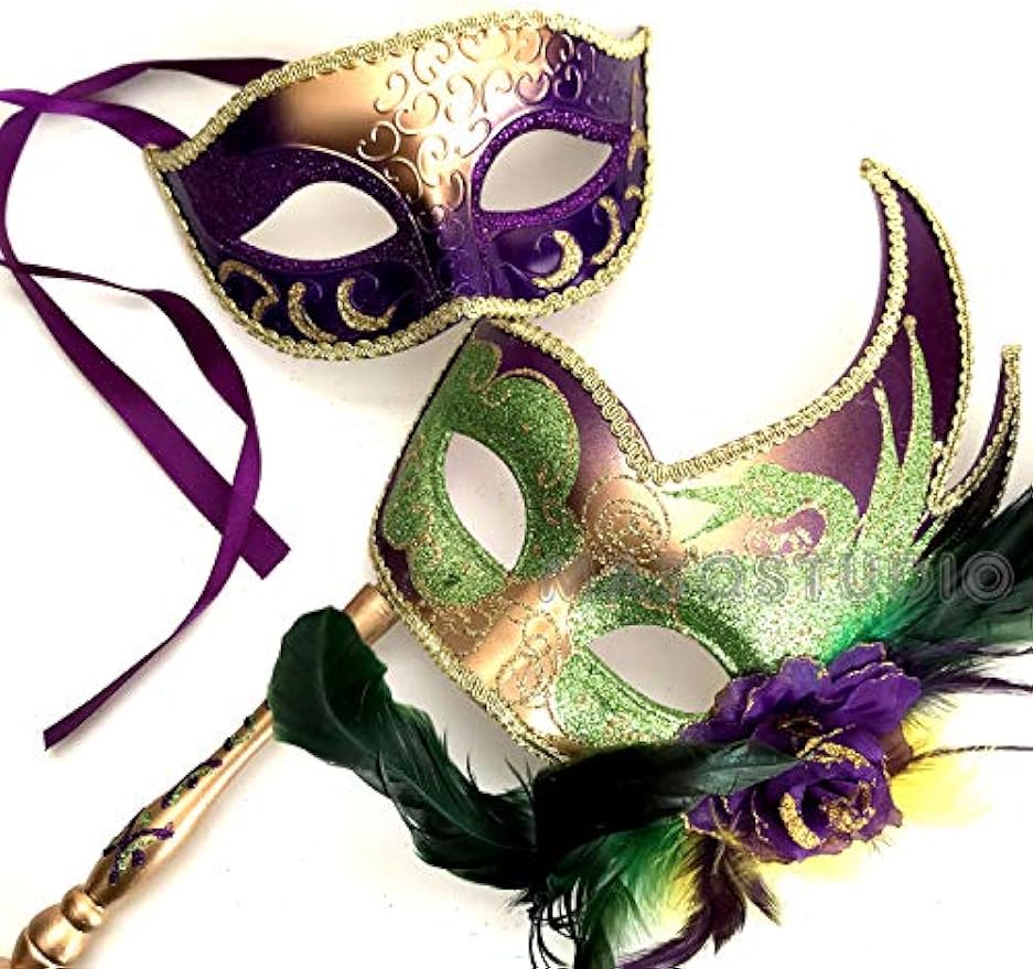 Mardi Gras Masquerade Ball Mask Pair Handle Stick Ostrich Feather Dress up Party Carnival Parade