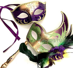 Mardi Gras Masquerade Ball Mask Pair Handle Stick Ostrich Feather Dress up Party Carnival Parade