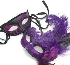 Purple Masquerade Ball Mask Pair Ostrich Feather Mardi Gras Party Dress up Carnival Prom