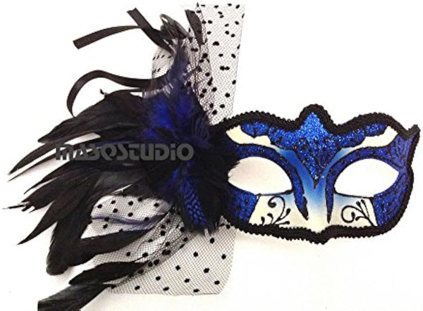 Couples Blue Masquerade Ball Mask Feather Carnival Party Parade Costume Dress up