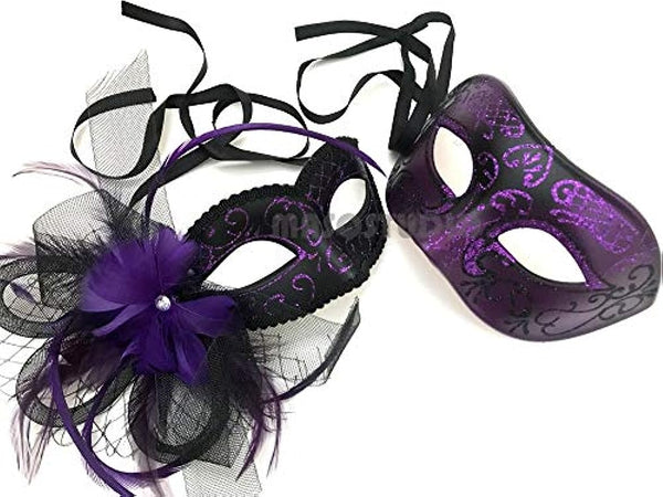 Couple Purple Masquerade Mask Pair Birthday Costume Carnival Mardi Gras Party