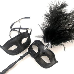 Couples Black Masquerade Stick Feather Mask Pair Cosplay Dance Prom Birthday Party