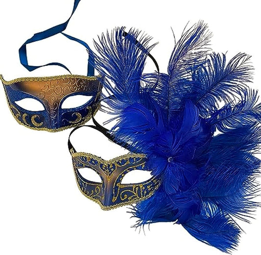 Blue and gold masquerade mask pair with blue feather accents