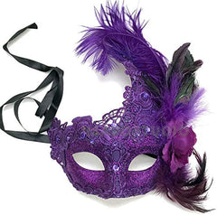 Couples Purple Masquerade Lace Mask Pair Feather Birthday Mardi Gras Carnival Party