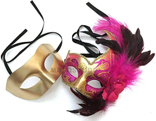 Couples Fuchsia Gold Accent Masquerade Ball Mask with Feather Mardi Gras Prom Dance Quincenera Birthday Party