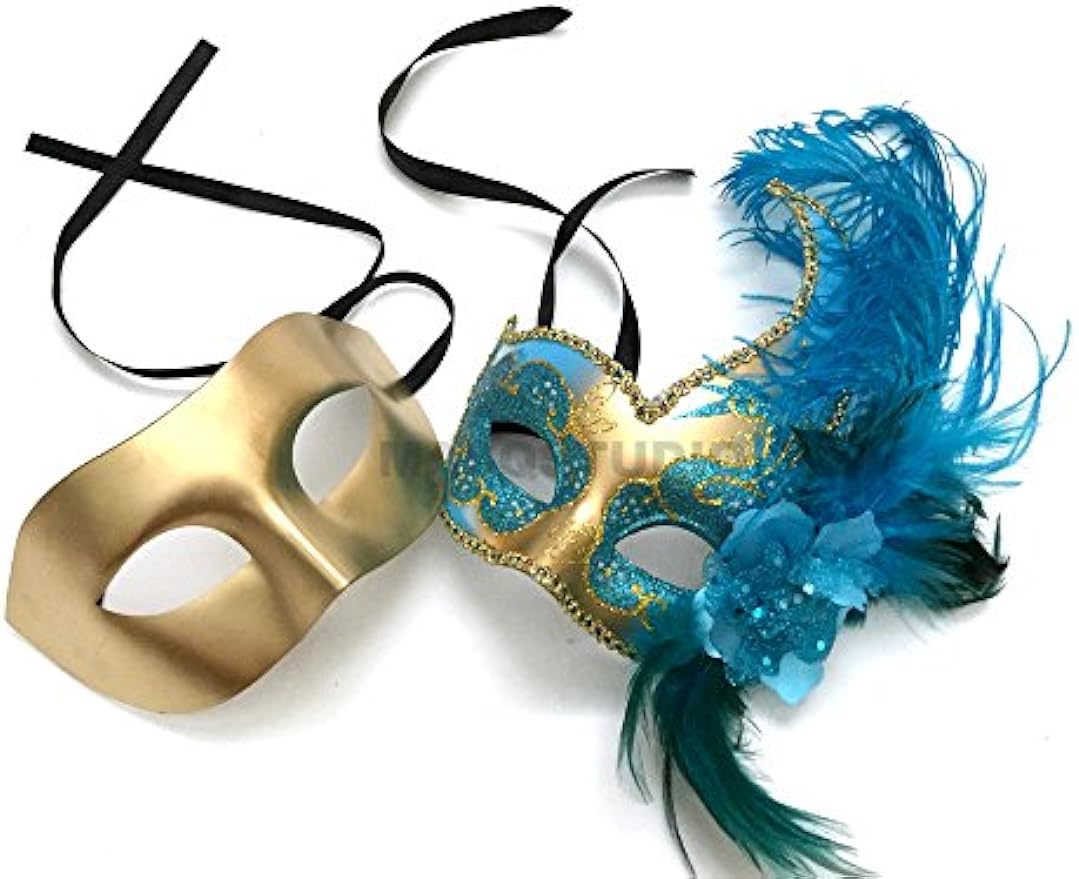 Couples Turquoise Gold Accent Masquerade Ball Mask with Feather Mardi Gras Prom Dance Quince Nera Birthday Party