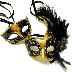 Couples Black Gold Masquerade Ball Mask Pair Feather Mardi Gras Party Valentines Gift for Her