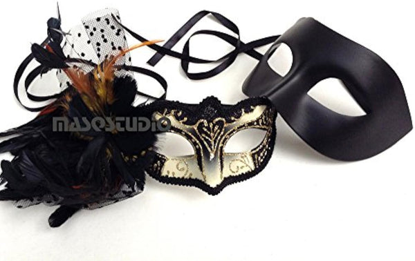 Black Gold Couple Masquerade Ball Mask Pair Feather Birthday Cosplay Party Prom