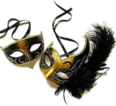 Couples Black Gold Masquerade Ball Mask Pair Feather Mardi Gras Party Valentines Gift for Her