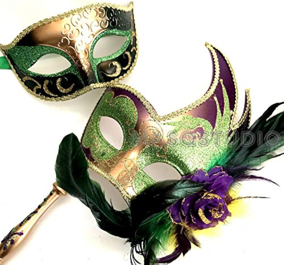 Mardi Gras Masquerade Handle Stick Mask Pair Ostrich Feather Dress up Party Carnival Parade