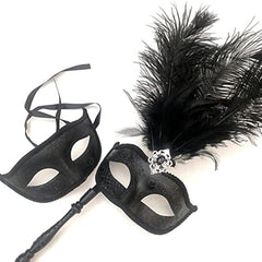 Couples Black Masquerade Stick Feather Mask Pair Cosplay Dance Prom Birthday Party