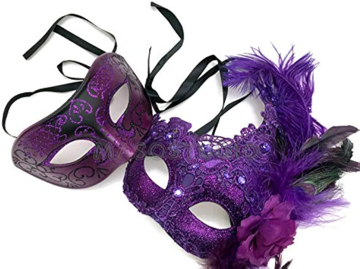 Purple Masquerade Ball Lace Mask Pair Ostrich Feather Mardi Gras Party Dress up Carnival Prom