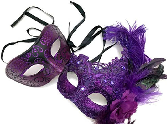 Purple Masquerade Ball Lace Mask Pair Ostrich Feather Mardi Gras Party Dress up Carnival Prom
