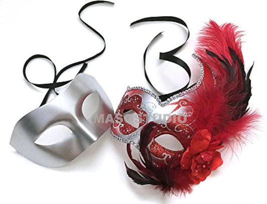 Couples Masquerade Ball Mask with Feather Mardi Gras Prom Dance Quince Nera Birthday Party