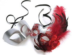 Couples Masquerade Ball Mask with Feather Mardi Gras Prom Dance Quince Nera Birthday Party