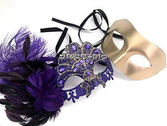 Mardi Gras Masquerade Lace Feather Mask Pair Costume Carnival Festival Party