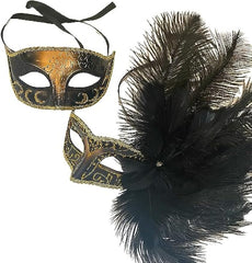 Gold Black Masquerade Feather Mask Pair Costume Dress up Music Festival Show Girl Mardi Gras Carnival Party Wear