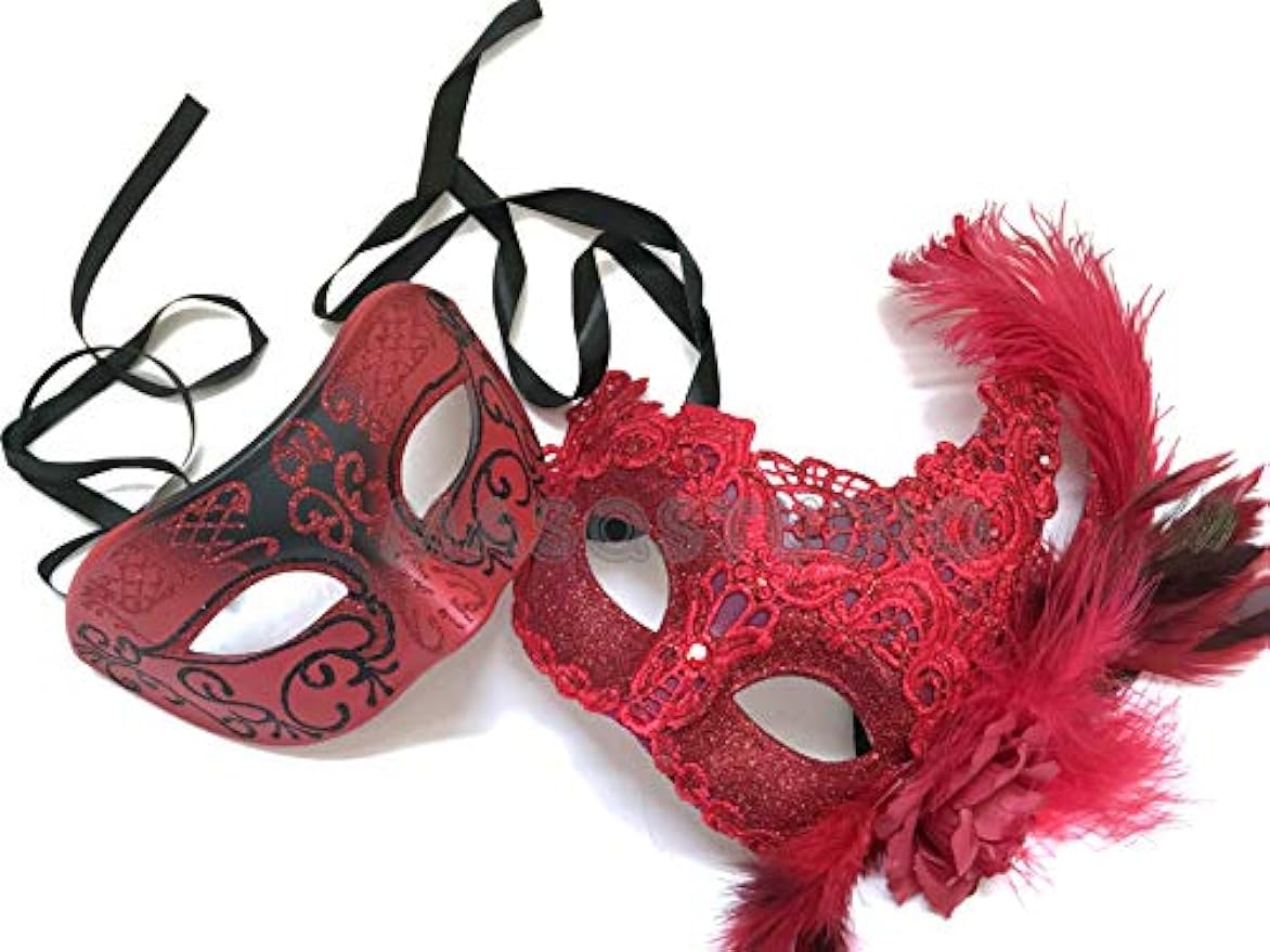 Red Lace Masquerade Ball Mask Pair for Christmas New Year Party