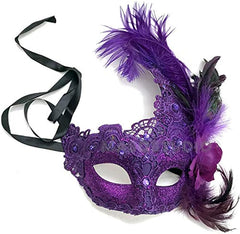 Couples Purple Masquerade Lace Mask Pair Feather Birthday Mardi Gras Carnival Party