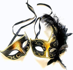 Couples Black Gold Masquerade Ball Mask Pair Feather Mardi Gras Party Valentines Gift for Her