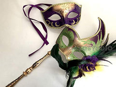 Mardi Gras Masquerade Ball Mask Pair Handle Stick Ostrich Feather Dress up Party Carnival Parade