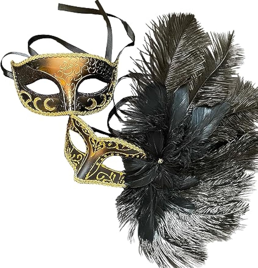 Gold Black Masquerade Feather Mask Pair Costume Dress up Music Festival Show Girl Mardi Gras Carnival Party Wear