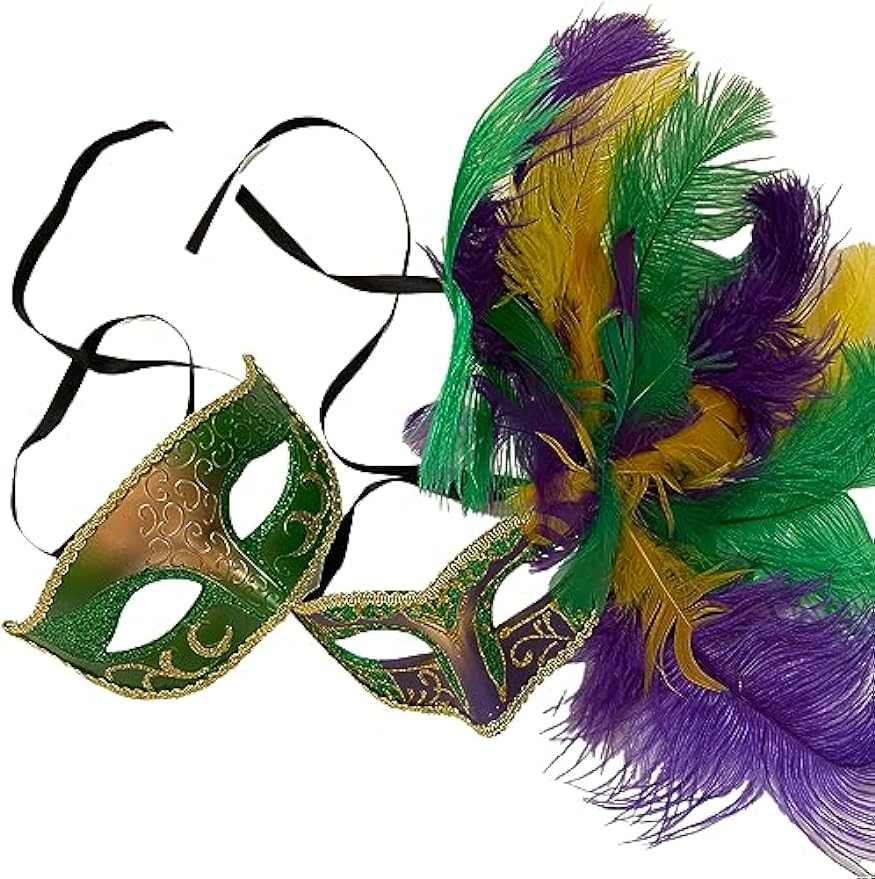 Green and gold Mardi Gras masquerade mask pair with multicolor feathers