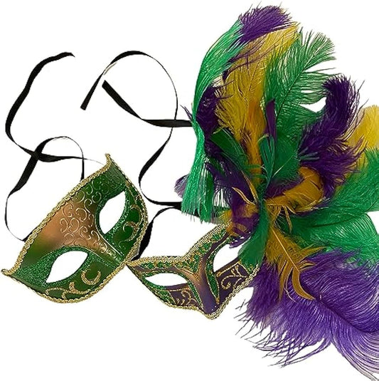 Green and gold Mardi Gras masquerade mask pair with multicolor feathers