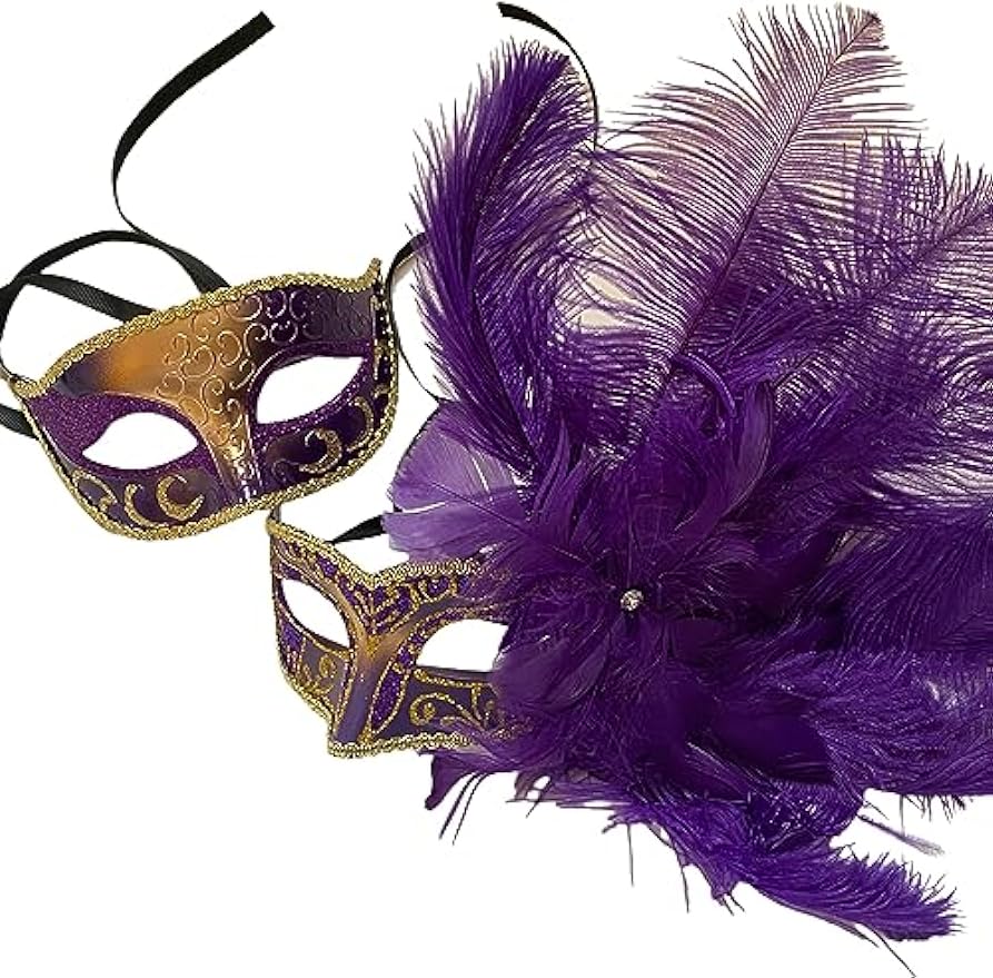 Purple Masquerade Feather Mask Pair Costume Dress up Music Festival Show Girl Mardi Gras Carnival Party Wear