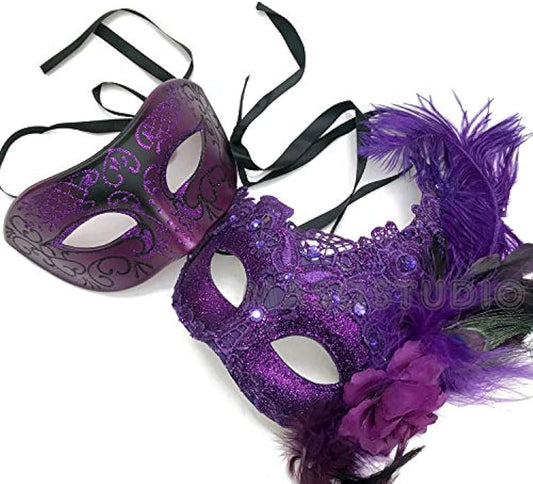 Purple Masquerade Ball Lace Mask Pair Ostrich Feather Mardi Gras Party Dress up Carnival Prom