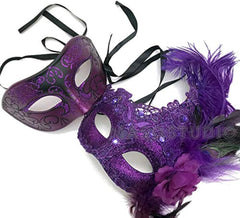 Purple Masquerade Ball Mask Pair Ostrich Feather Mardi Gras Party Dress up Carnival Prom