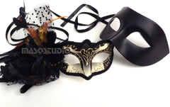 Black Gold Couple Masquerade Ball Mask Pair Feather Birthday Cosplay Party Prom