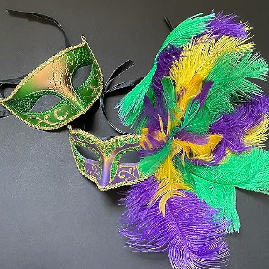 Green and gold Mardi Gras masquerade mask pair with multicolor feathers on dark background