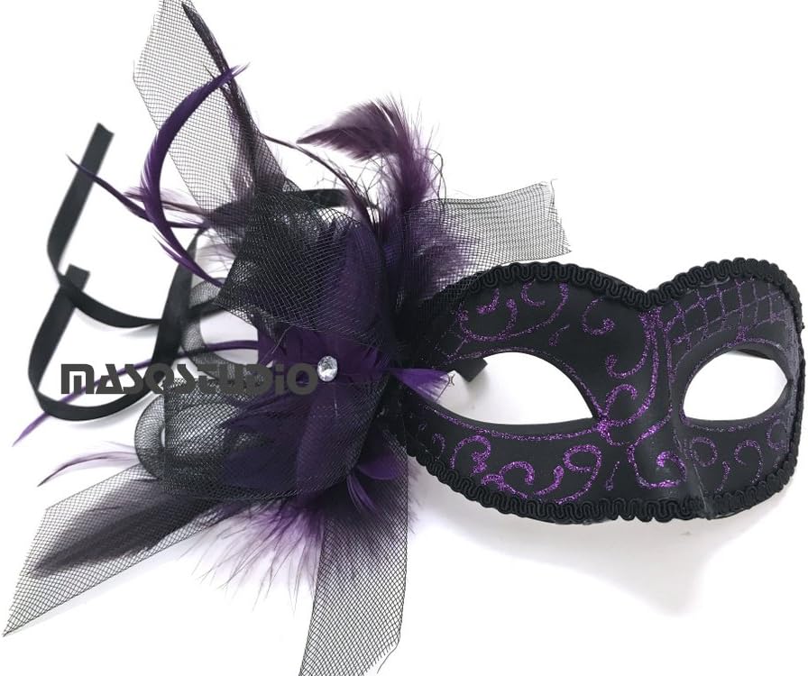 Black Purple Red Masquerade Ball Mask Flapper Veil Feather Mardi Gras Birthday Party Prom