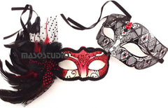 Couples Red Masquerade Ball Mask Pair Feather Mardi Gras Party Valentines Gift for Her