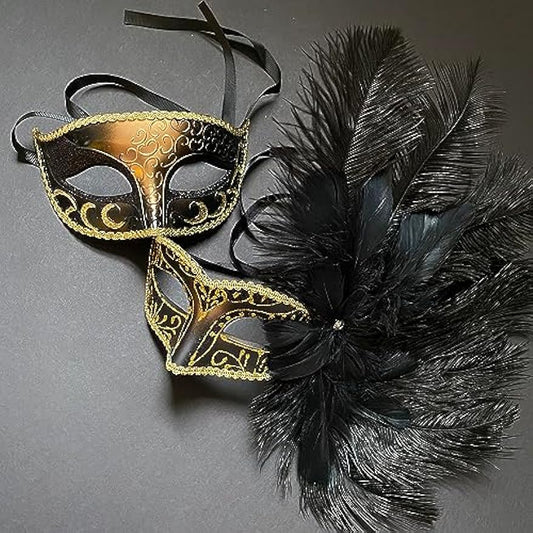 Gold Black Masquerade Feather Mask Pair Costume Dress up Music Festival Show Girl Mardi Gras Carnival Party Wear