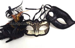 Black Gold Couple Masquerade Ball Mask Pair Feather Birthday Cosplay Party Prom