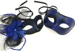 Couple Blue Masquerade Feather Netting Mask Pair Costume Carnival Party (Male mask only)