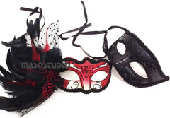 Couples Red Masquerade Ball Mask Pair Feather Mardi Gras Party Valentines Gift for Her