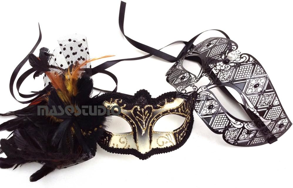 Black Gold Couple Masquerade Ball Mask Pair Feather Birthday Cosplay Party Prom