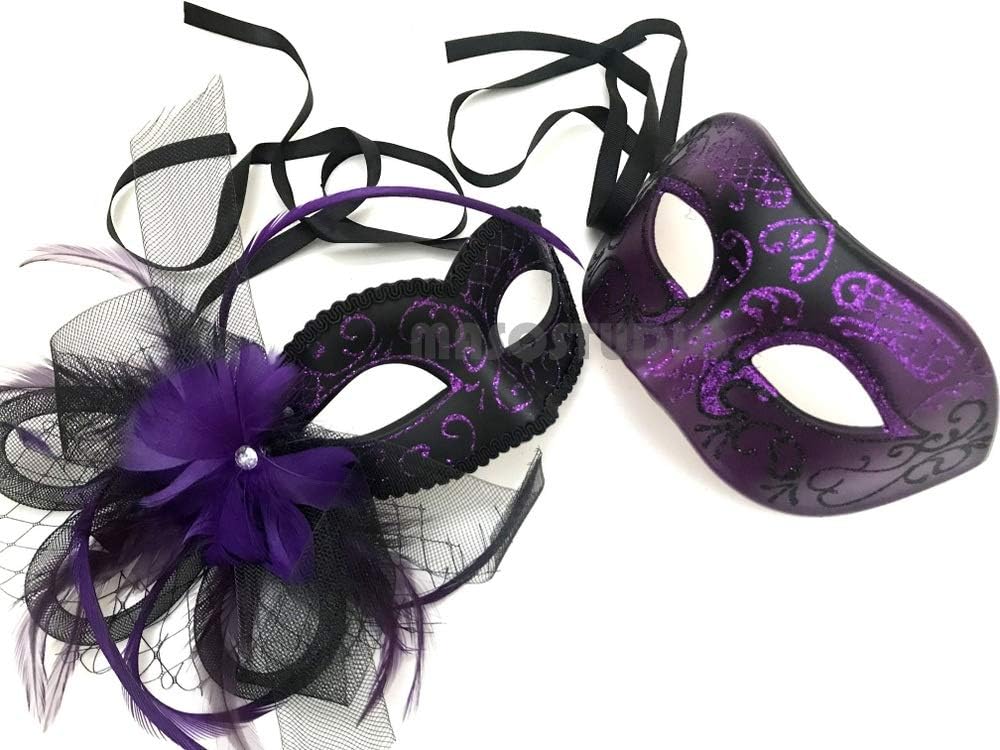 Couple Purple Masquerade Mask Pair Birthday Costume Carnival Mardi Gras Party