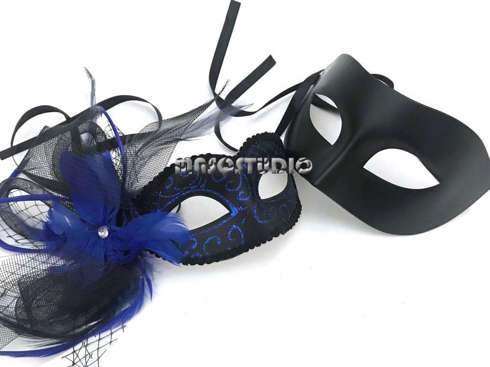 Couples Black Veil Masquerade Ball Mask Pair Flapper Feather Mardi Gras Birthday Party Wear