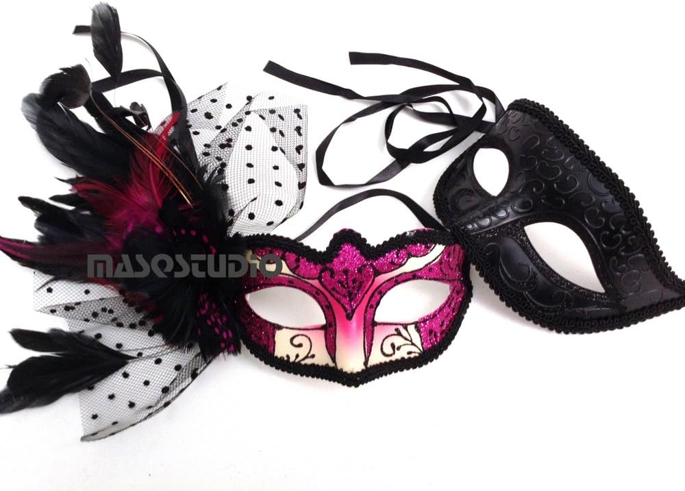 Couple Fuchsia Hot Pink Masquerade Ball Mask Pair Feather Birthday Quinceanera Party Prom
