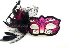 Couple Fuchsia Hot Pink Masquerade Ball Mask Pair Feather Birthday Quinceanera Party Prom