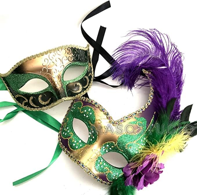 Couples Black Gold Masquerade Ball Mask Pair Feather Mardi Gras Party Valentines Gift for Her